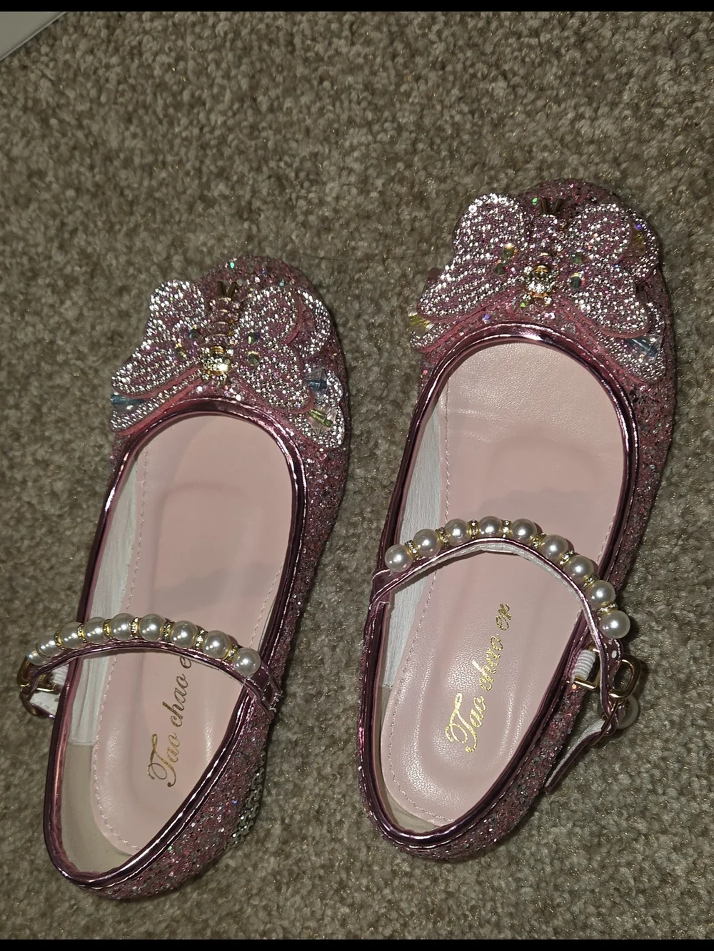 Pink Glitter Butterfly Pearl Mary Jane Kids Shoes